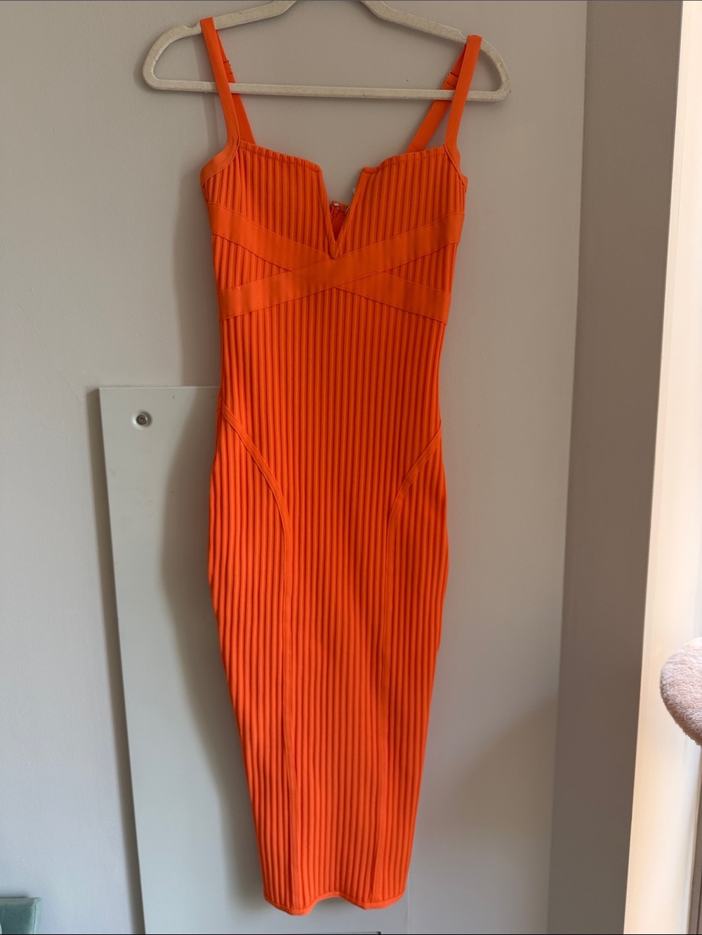 Fashion Nova Orange Ribbed Midi Bodycon Dress with Straps